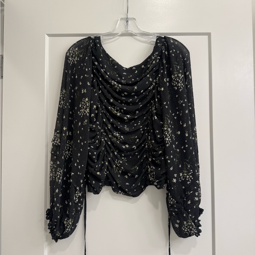 Free People Black Floral Draped Long-Sleeve Women’s Top | Open Back